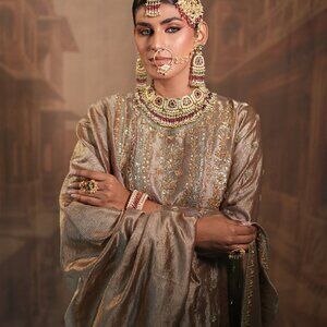 Light Gold and green Bridal Kurta Set with Dupatta